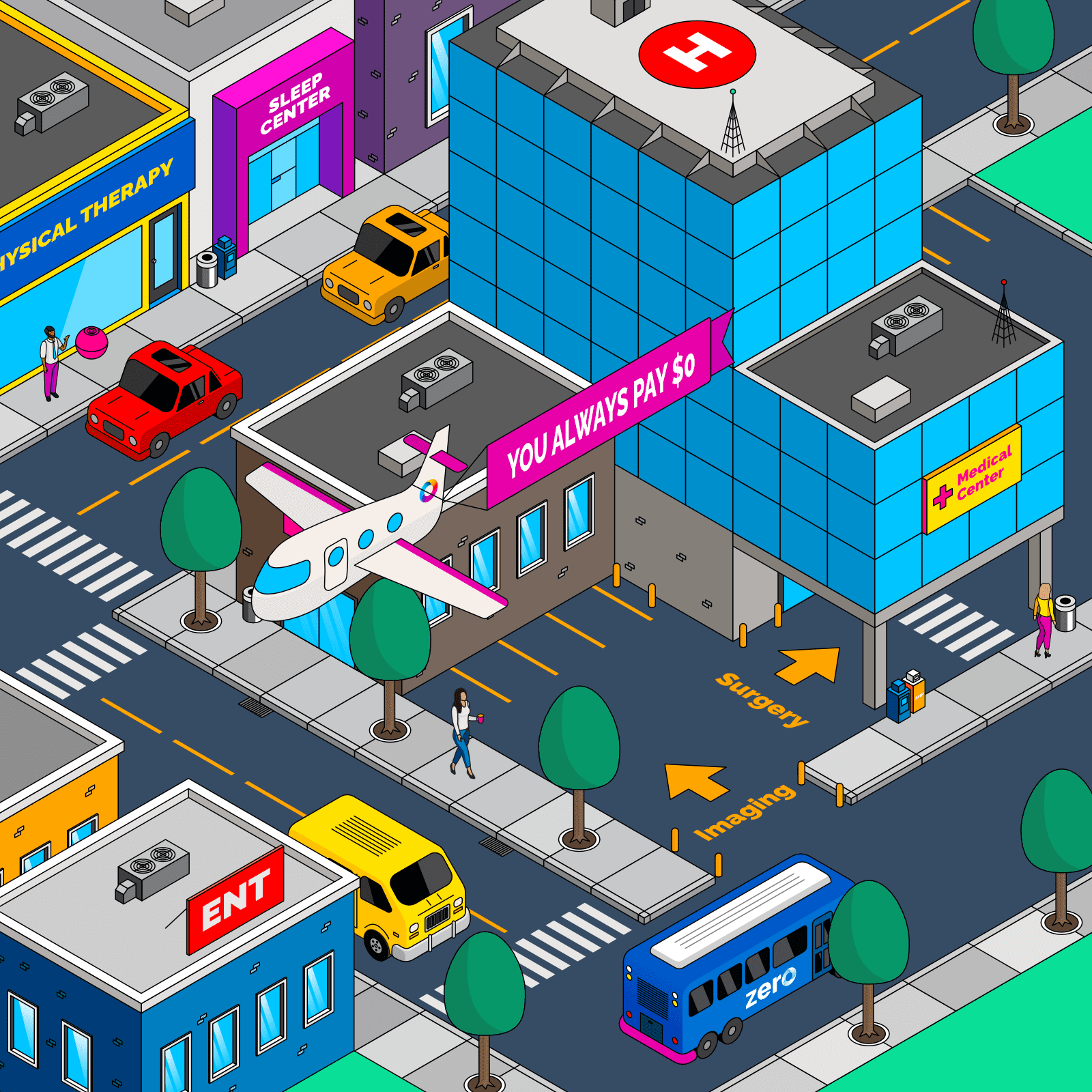 Illustration showing city with medical providers