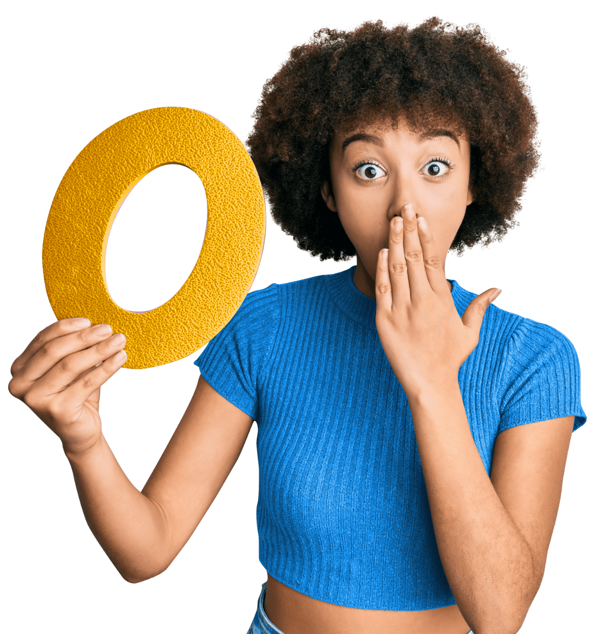 woman holding a number zero